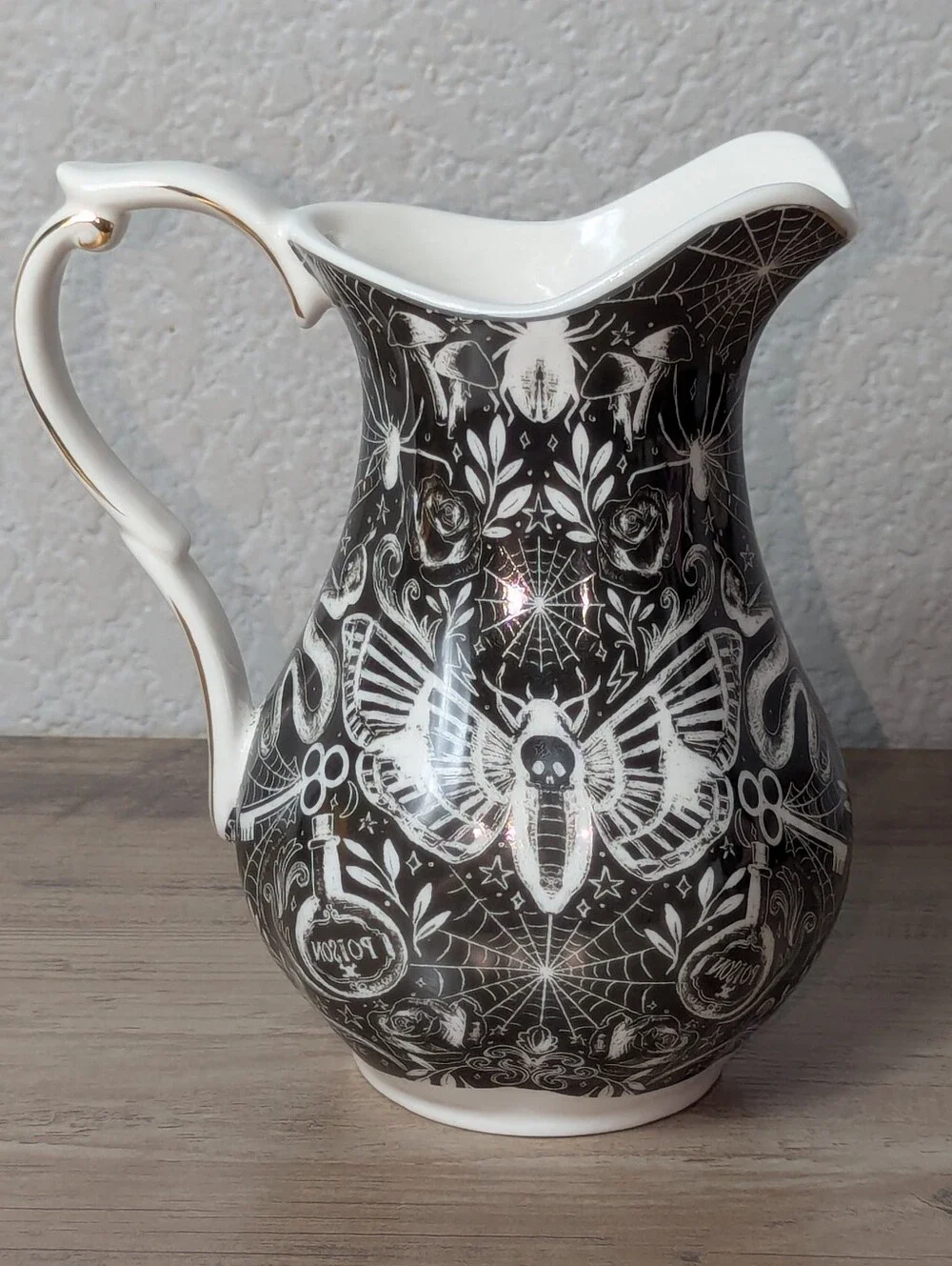 MONTEREY BAY Fine Porcelain Gothic Serving Pitcher With Moth Skull Design